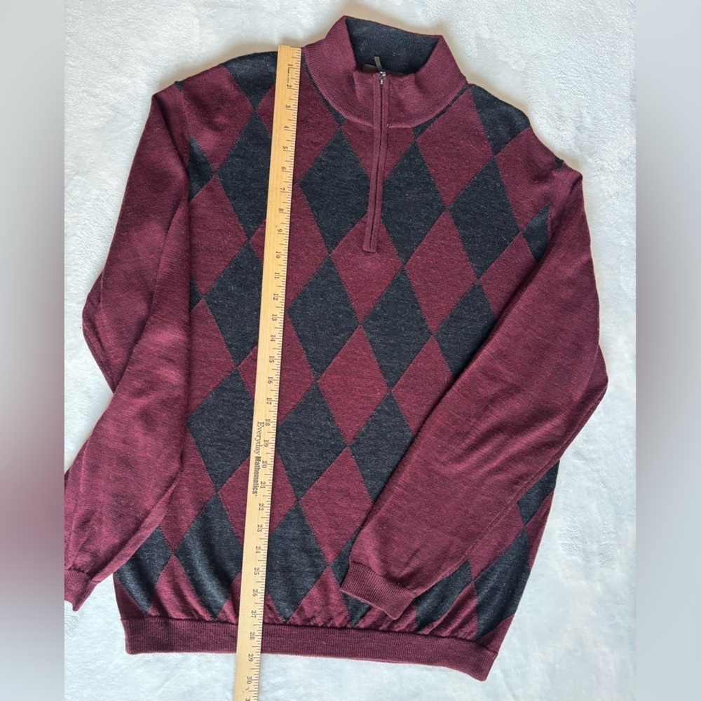Toscano Sweater Zip-Up Argyle Pullover Burgundy Turtleneck Wool Size L Unisex - Picture 2 of 8